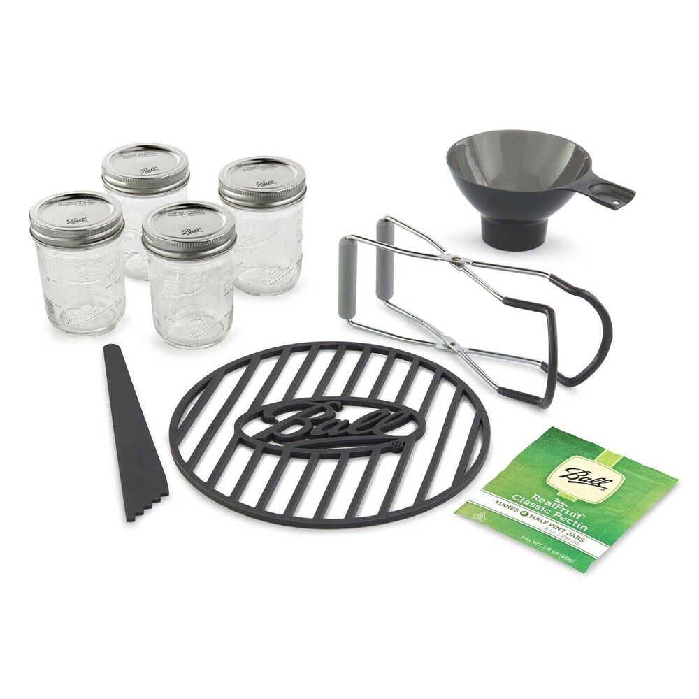 Ball Preserving Starter Canning Kit 9p Funnel Bubble Remover Rack 4 Jars Gift